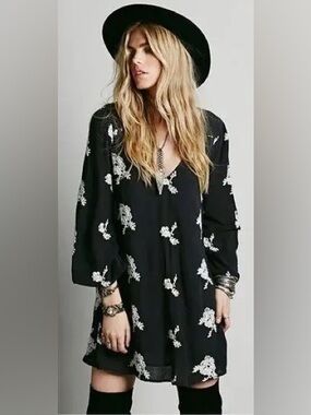 Free People Black Floral Embroidered Austin Mini Dress S